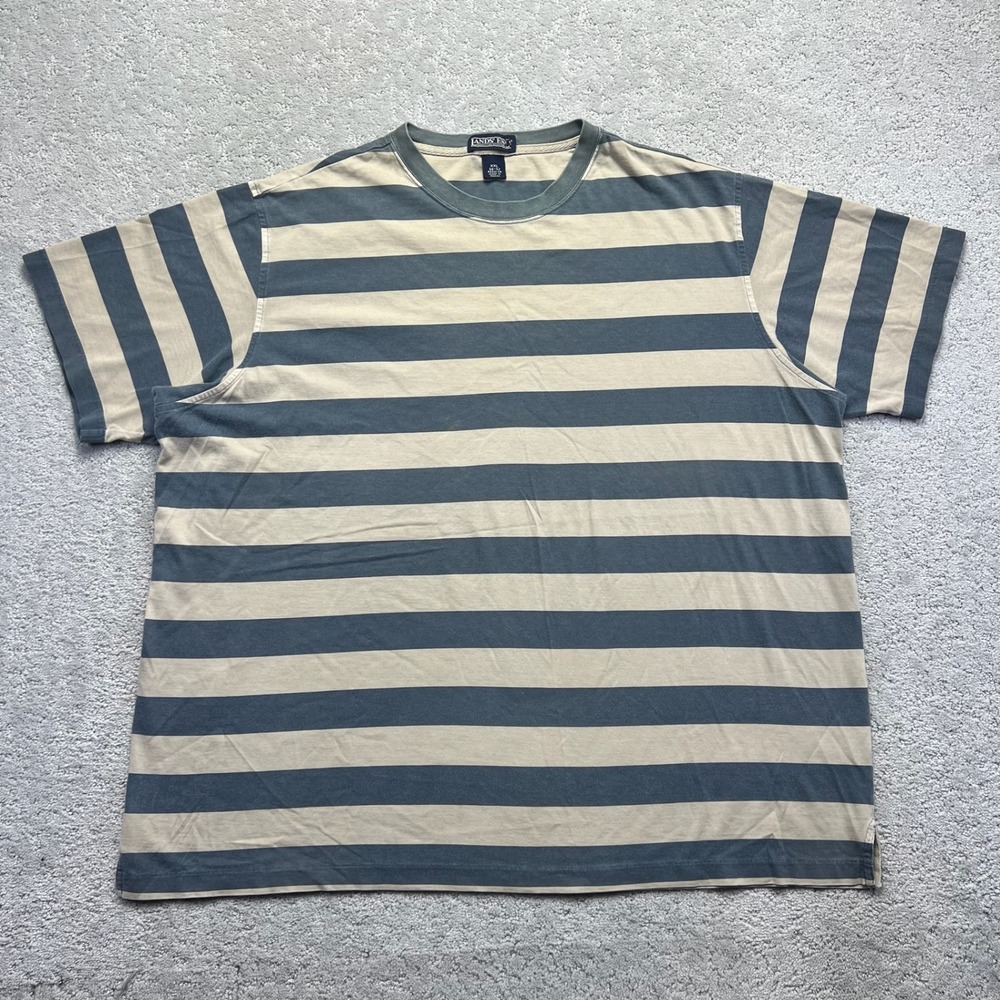 VINTAGE Lands End T-Shirt Mens XXL Blue Tan Striped Short Sleeve Crewneck CottON